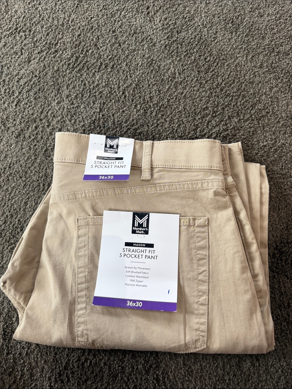 NWT Members Mark Straight Fit 5-Pocket Chinos - Sz 36 x 30- comfort waist